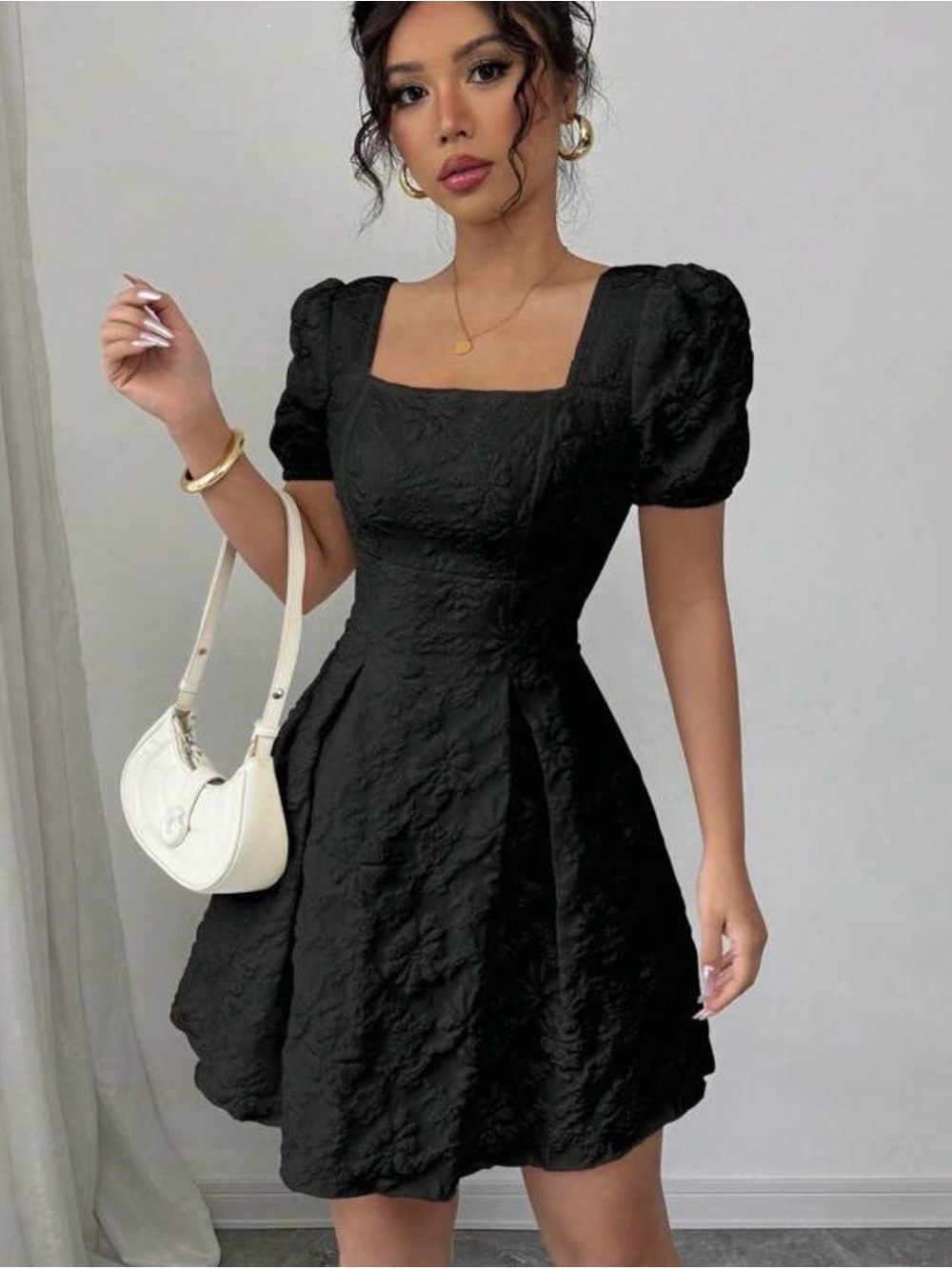 Black Textured Puff Sleeve Square Neck Dress